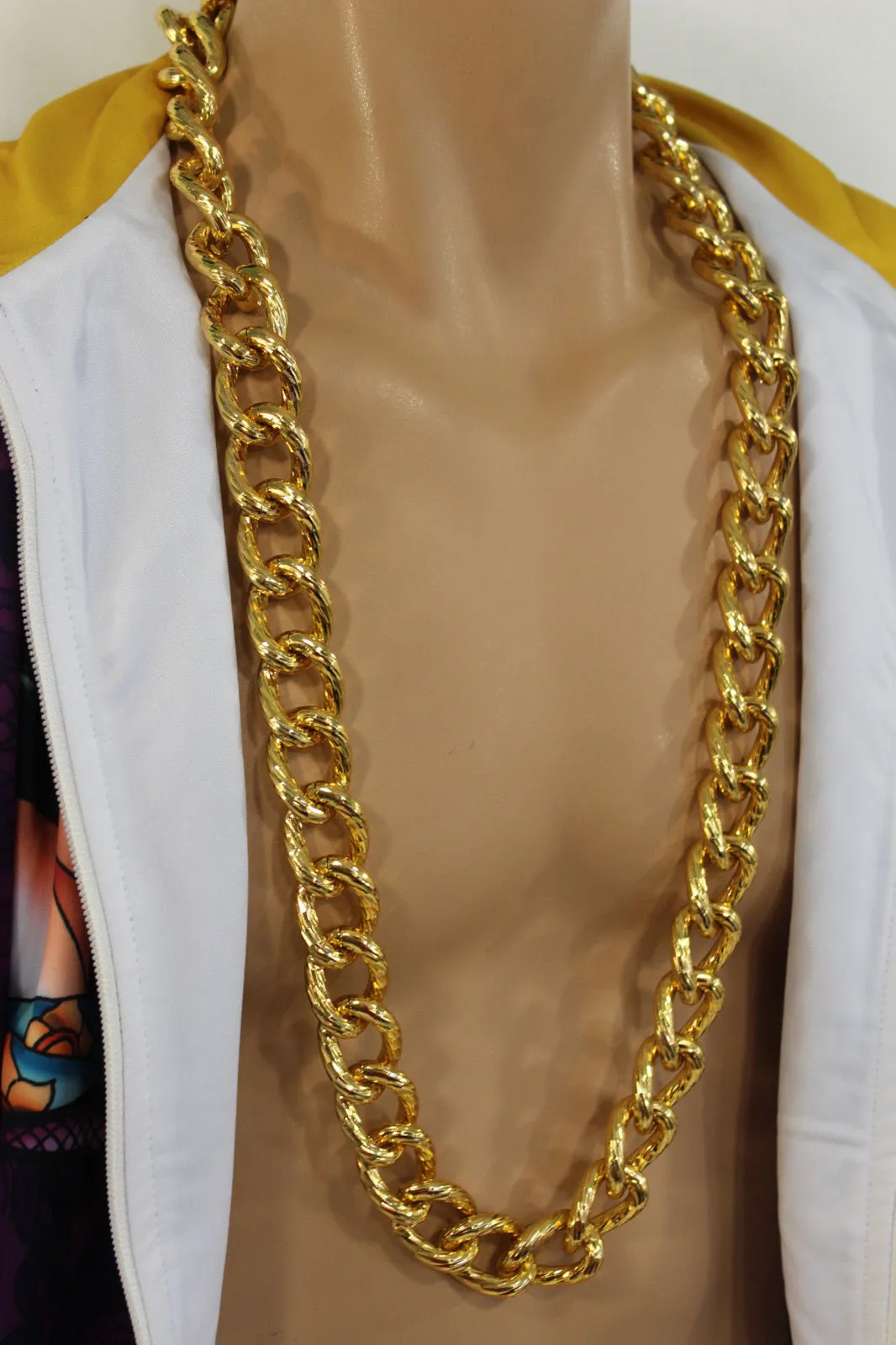 Gold Metal Thick Chain Links Heavy Long Chunky Necklace Men Biker