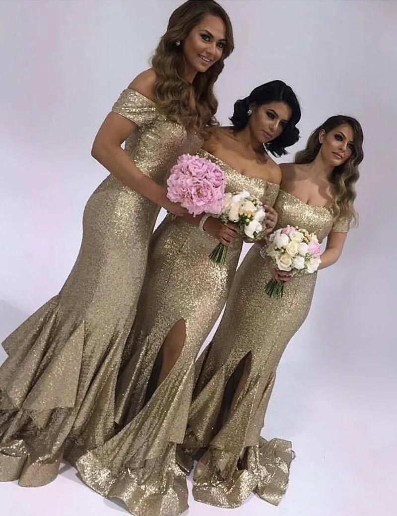Gold Sequin Off the Shoulder Mermaid Bridesmaid Dresses for Wedding