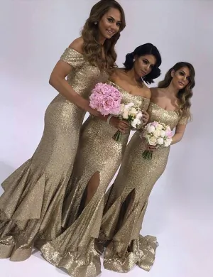 Gold Sequin Off the Shoulder Mermaid Bridesmaid Dresses for Wedding