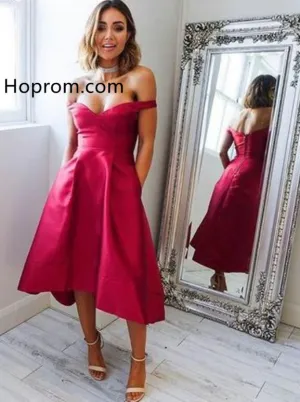 High Low Fuchsia Red Off the shoulder Homecoming Dress