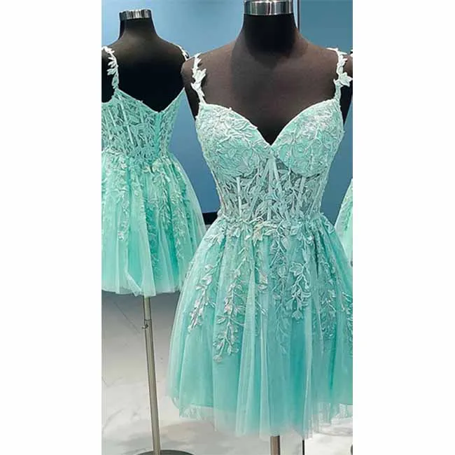 Junior's Spaghetti Straps Lace Homecoming Dress for Teens Tulle Short Prom Dresses