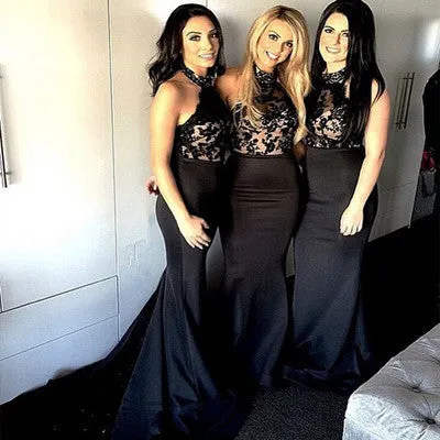 Lace Black Halter Long Bridesmaid Dress