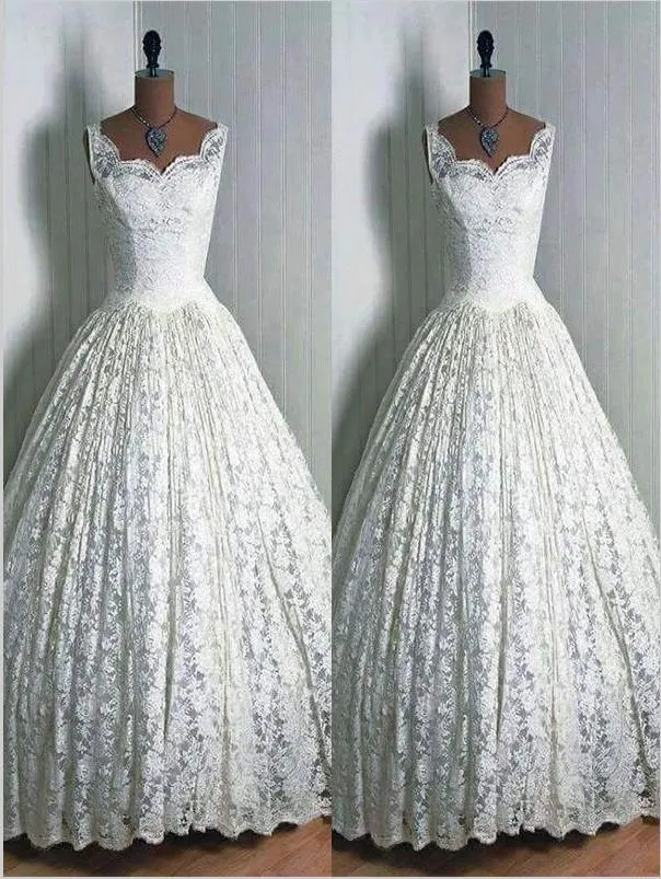 Lace Pleated Sweetheart Sleeveless Wedding Dresses Floor Length Ball Gown