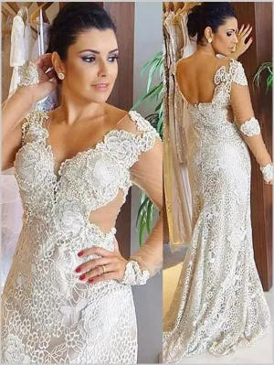 Lace Sheath V-neck Long Sleeves Wedding Dresses,Brush Train Wedding Dresses