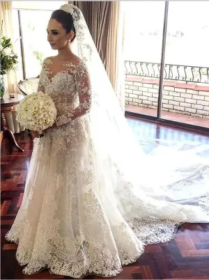Lace Tulle Bateau Long Sleeves Wedding Dresses,Chapel Train Wedding Dresses