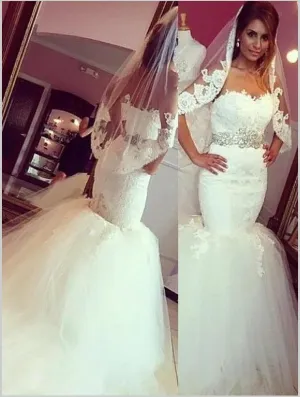 Lace Tulle Trumpet Sweetheart Wedding Dresses,Sleeveless Court Train Wedding Dresses