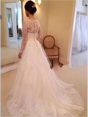 Lace Tulle V-neck Long Sleeves Wedding Dresses Court Train Ball Gown