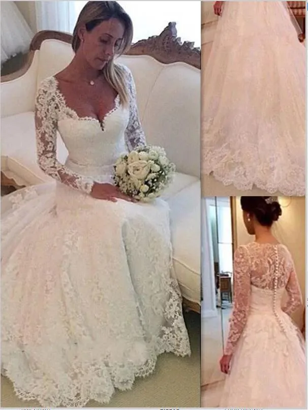 Lace Tulle V-neck Long Sleeves Wedding Dresses Court Train Ball Gown