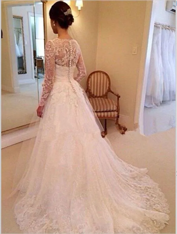 Lace Tulle V-neck Long Sleeves Wedding Dresses Court Train Ball Gown