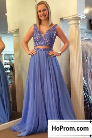 Lavender Chiffon Beaded Two Piece Prom Dress Evening Dresses