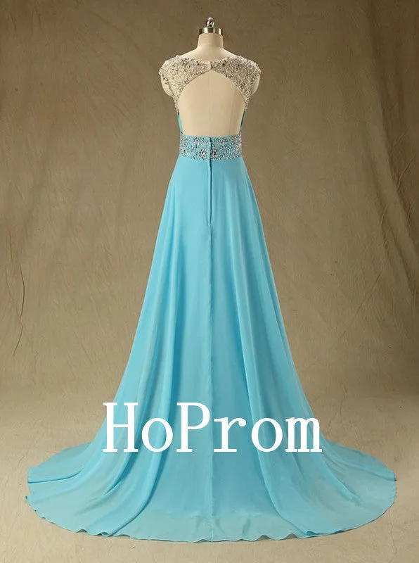 Light Blue Prom Dresses,Cap Sleeve Prom Dress,Evening Dress