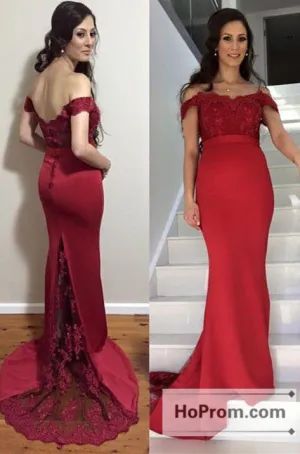 Long Red Lace Off Shoulder Prom Dresses Evening Dress