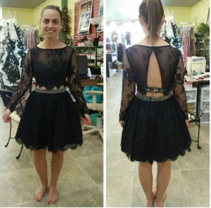 Long Sleeve Black Lace Homecoming Dress, Two Piece Homecoming Dresses