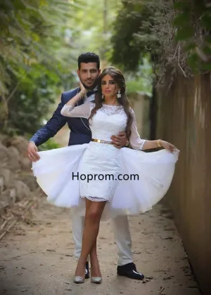 Long Sleeve Scoop Neck Homecoming Dress, White Lace Homecoming Dress