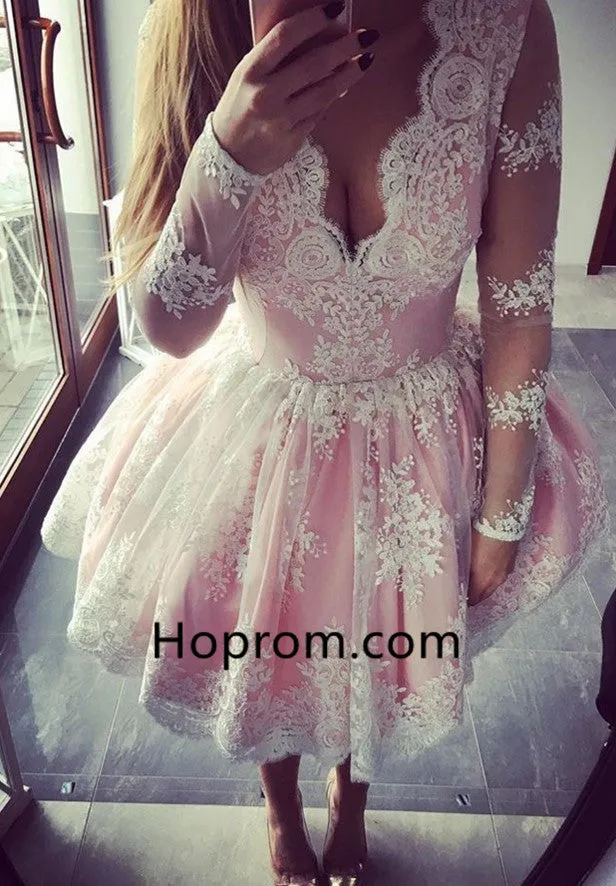 Long Sleeves Knee-Length Tulle Homecoming Dress with Appliques
