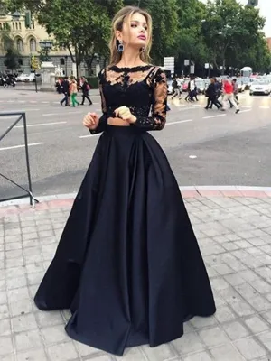 Long Sleeves Two Pieces Lace Crew Neck Prom Dresses, Lace Formal Dresses