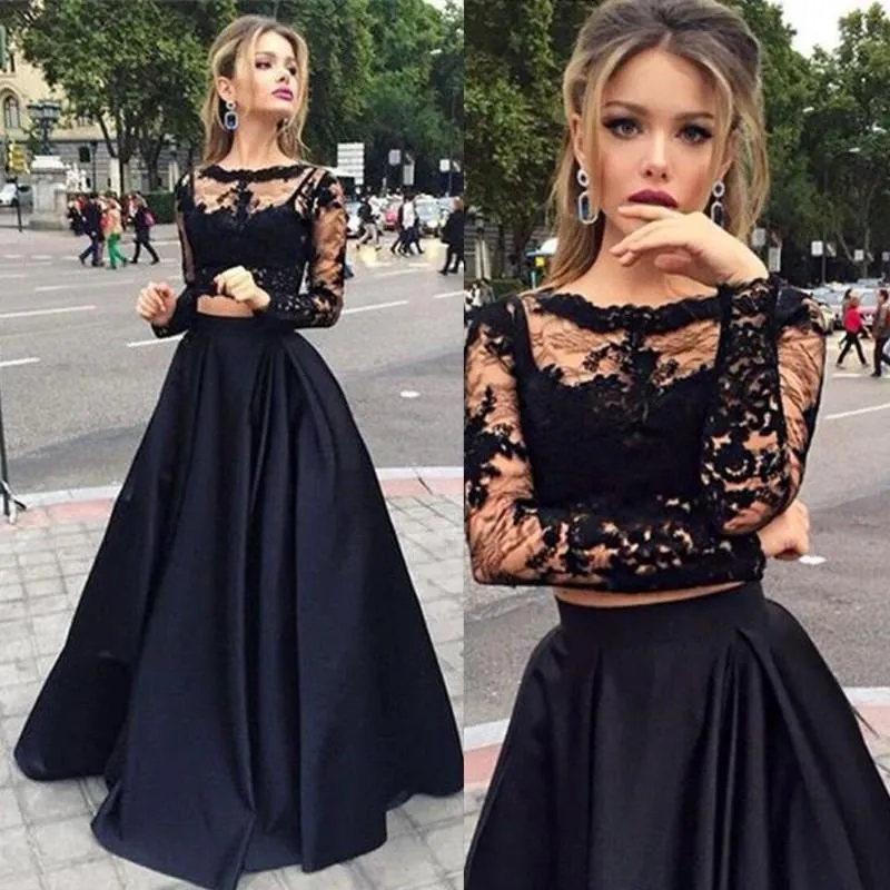 Long Sleeves Two Pieces Lace Crew Neck Prom Dresses, Lace Formal Dresses