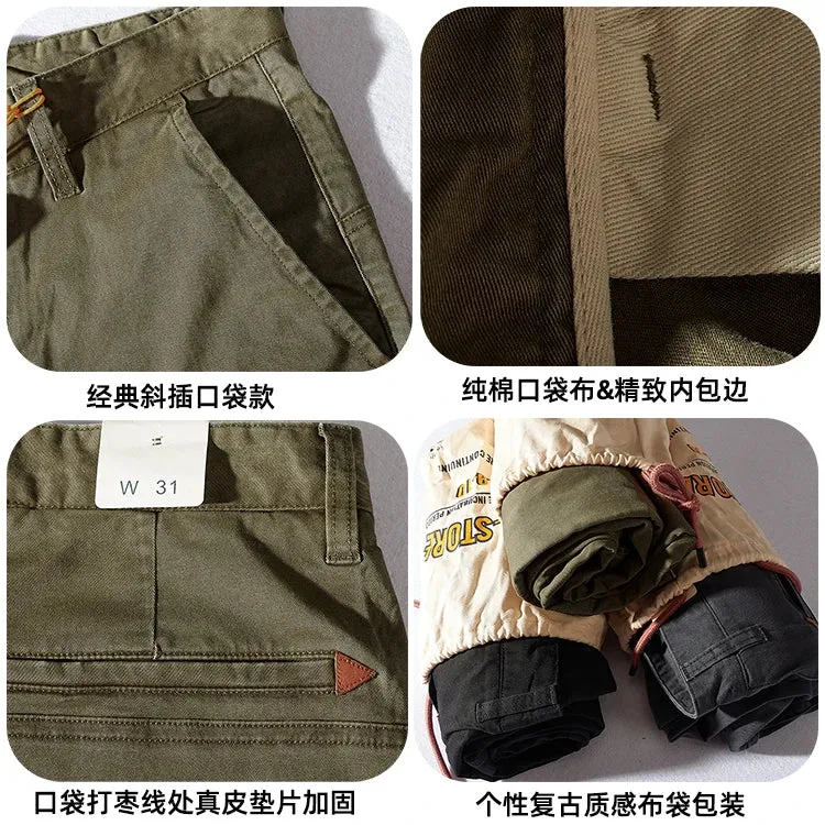 Men's American Retro Woven Casual Tooling Pants - Slim Classic Elastic Twill Business Straight Trousers