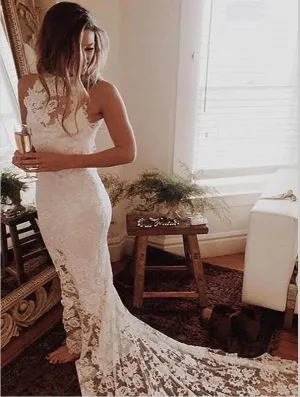 Mermaid Lace Halter Wedding Dresses,Sleeveless Chapel Train Wedding Dresses