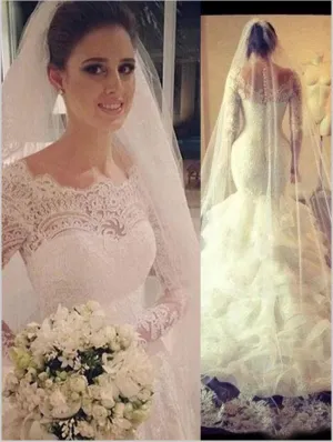 Mermaid Lace Tulle Scoop Wedding Dresses,Long Sleeves Court Train Wedding Dresses