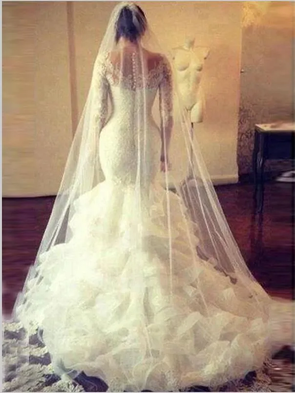 Mermaid Lace Tulle Scoop Wedding Dresses,Long Sleeves Court Train Wedding Dresses