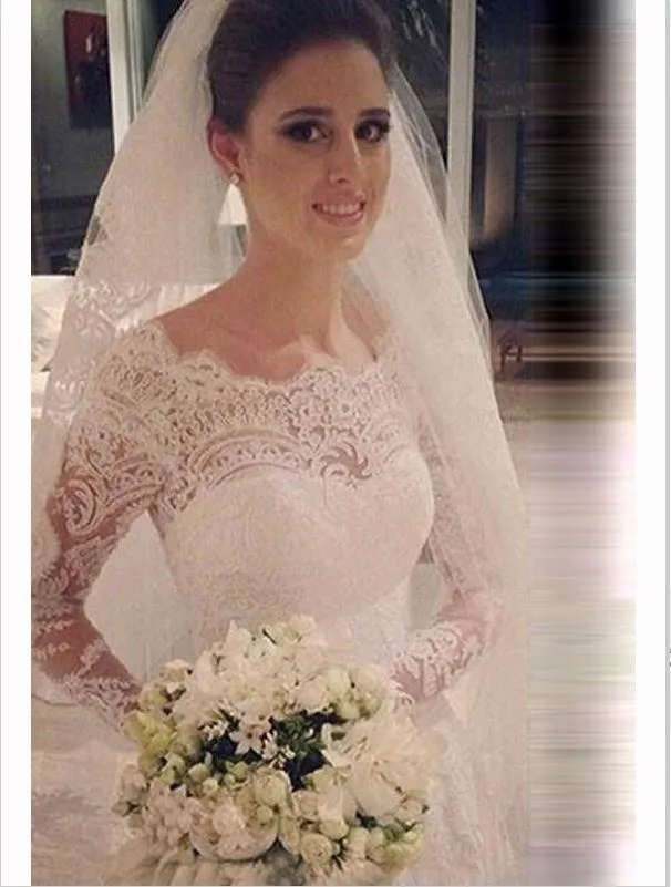 Mermaid Lace Tulle Scoop Wedding Dresses,Long Sleeves Court Train Wedding Dresses