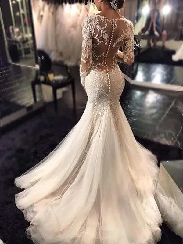 Mermaid Lace Tulle V-neck Wedding Dresses,Long Sleeves Court Train Wedding Dresses