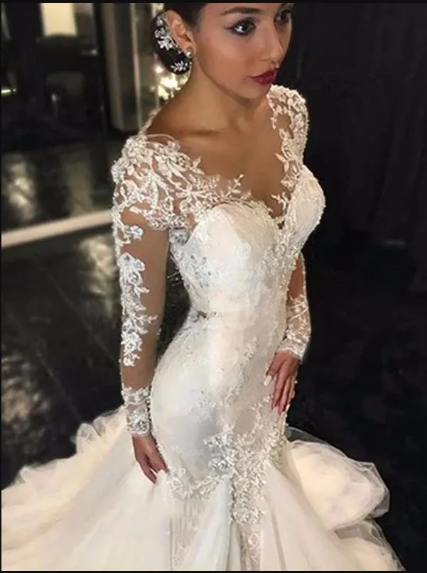Mermaid Lace Tulle V-neck Wedding Dresses,Long Sleeves Court Train Wedding Dresses