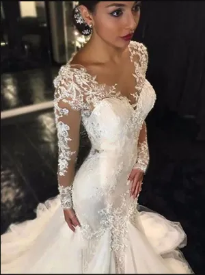Mermaid Lace Tulle V-neck Wedding Dresses,Long Sleeves Court Train Wedding Dresses