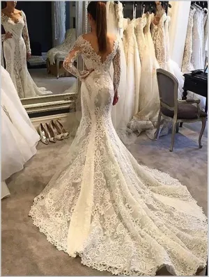 Mermaid Lace V-neck Long Sleeves Wedding Dresses Court Train Dresses