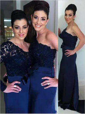 Mermaid Satin One Shoulder Long Sleeves Bridesmaid Dresses Floor Length