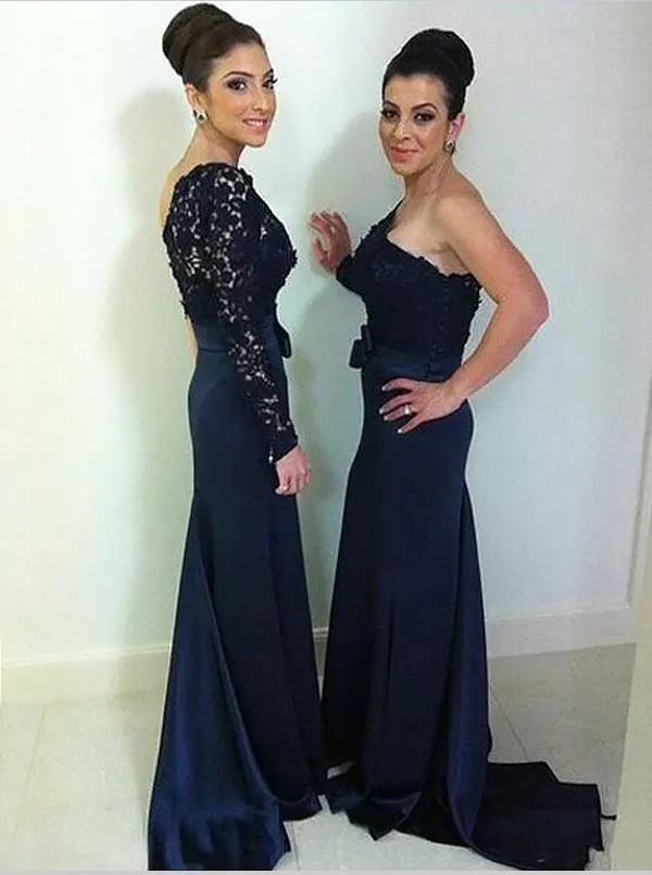 Mermaid Satin One Shoulder Long Sleeves Bridesmaid Dresses Floor Length