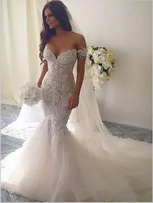 Mermaid Tulle Chapel Train Wedding Dresses,Off Shoulder Wedding Dresses