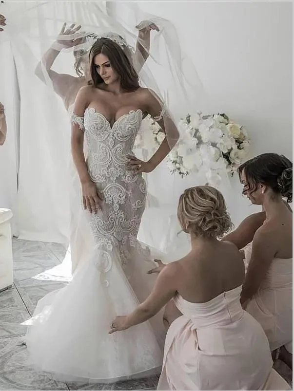 Mermaid Tulle Chapel Train Wedding Dresses,Off Shoulder Wedding Dresses