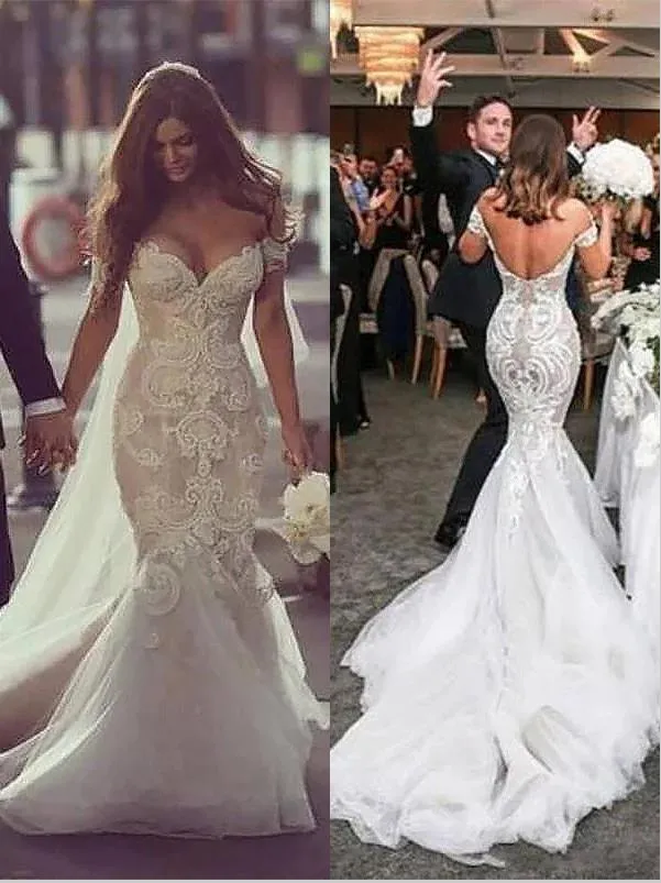 Mermaid Tulle Chapel Train Wedding Dresses,Off Shoulder Wedding Dresses