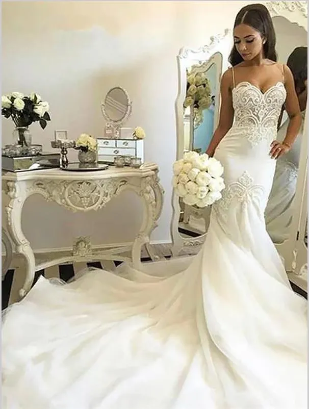 Mermaid Tulle Spaghetti Straps Wedding Dresses,Sleeveless Chapel Train Wedding Dresses