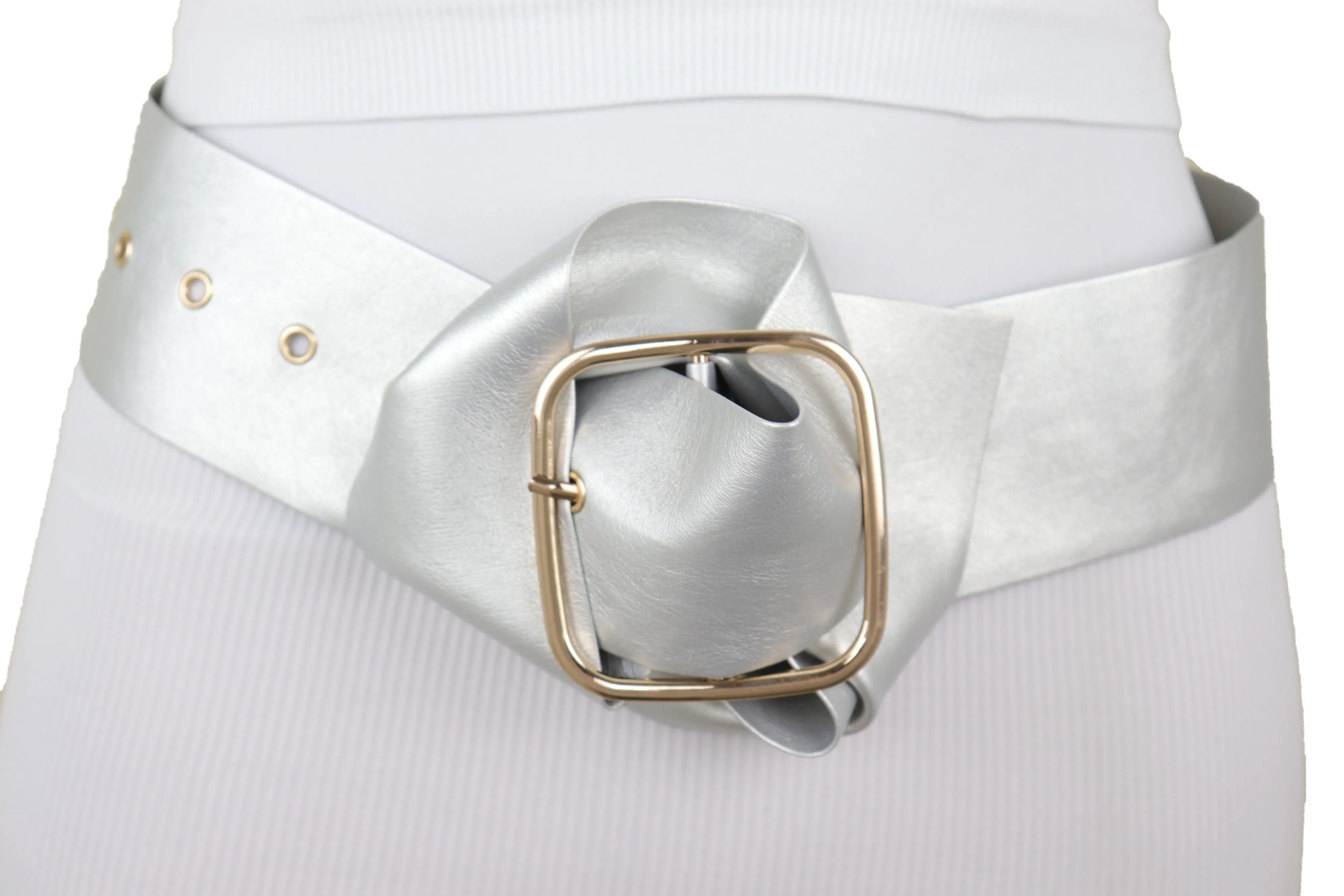 Metallic Silver Extra Long Faux Leather Wide Waistband Fashion Belt XS S