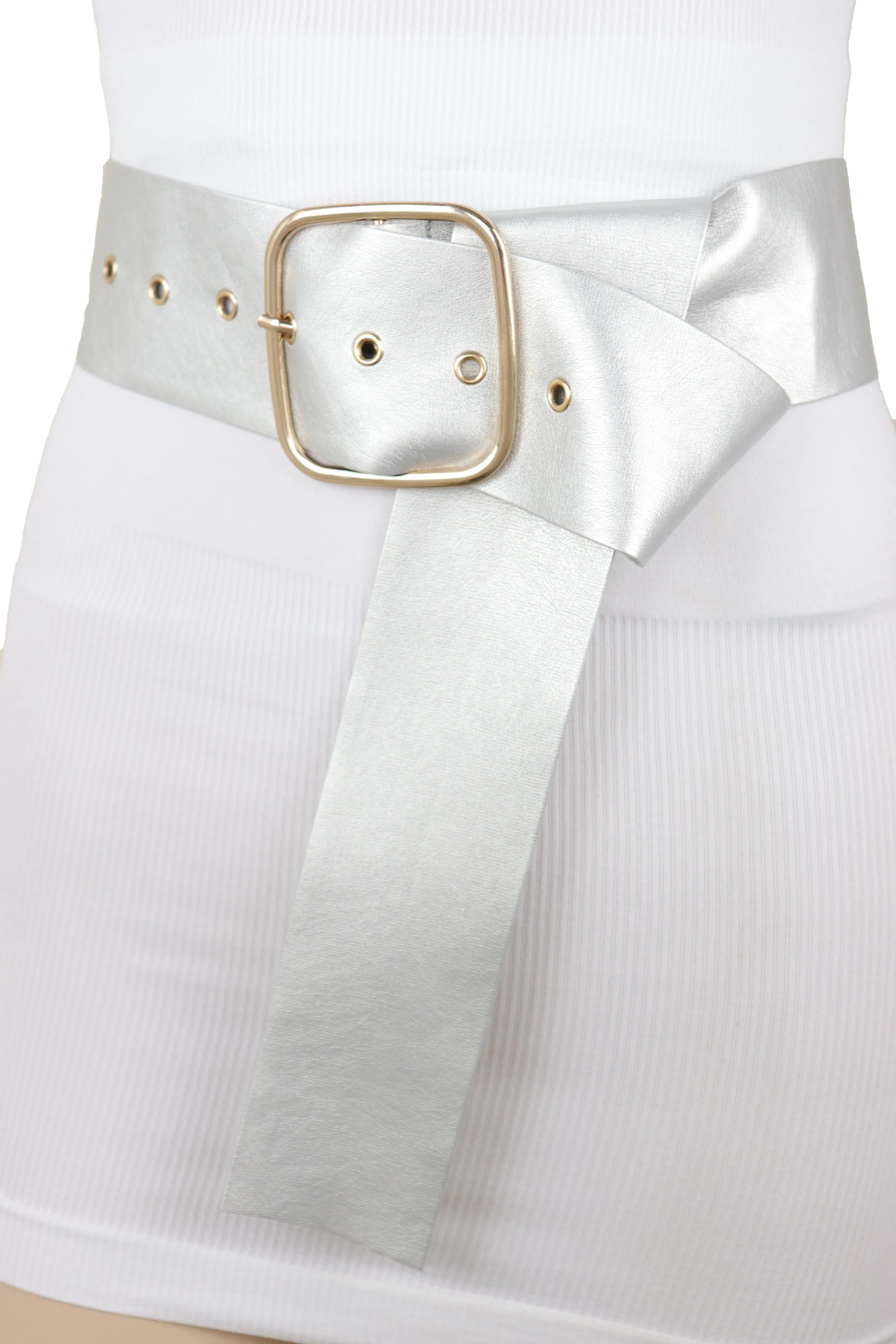 Metallic Silver Extra Long Faux Leather Wide Waistband Fashion Belt XS S