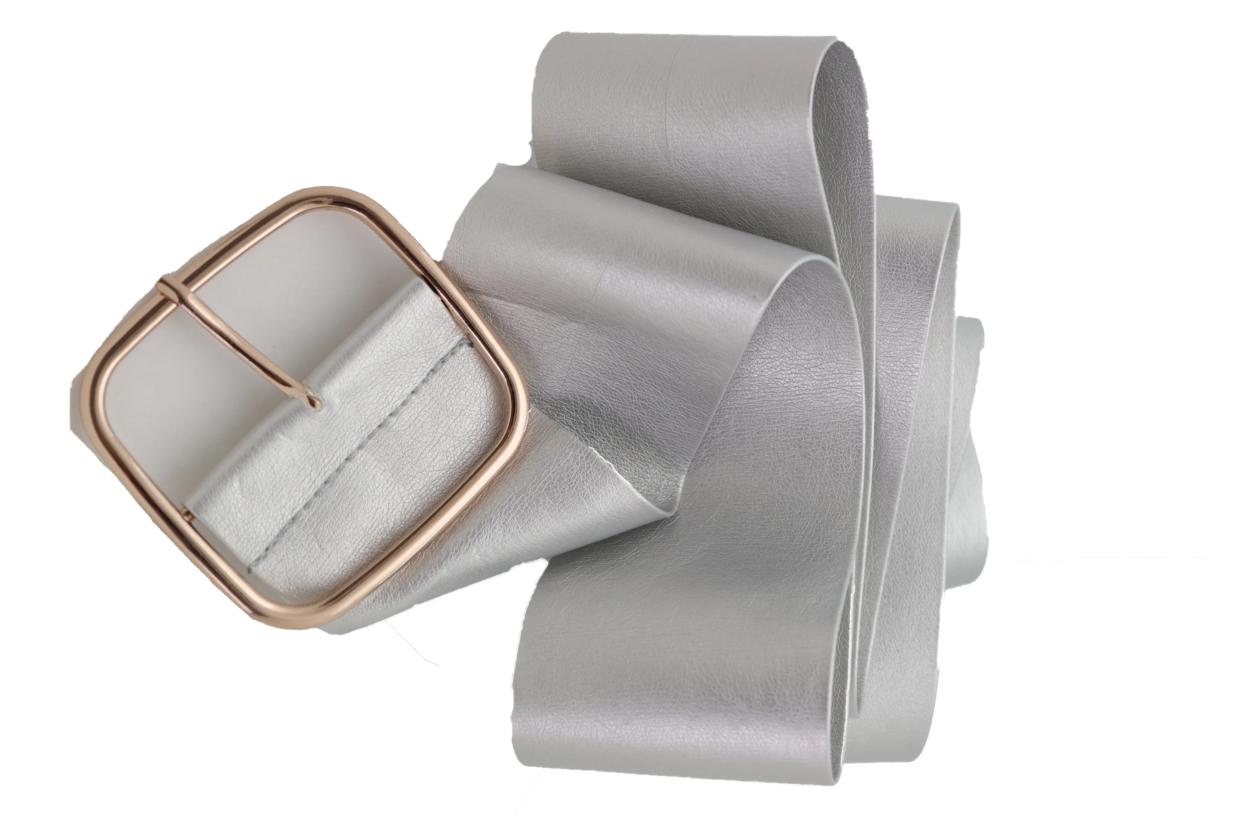 Metallic Silver Extra Long Faux Leather Wide Waistband Fashion Belt XS S