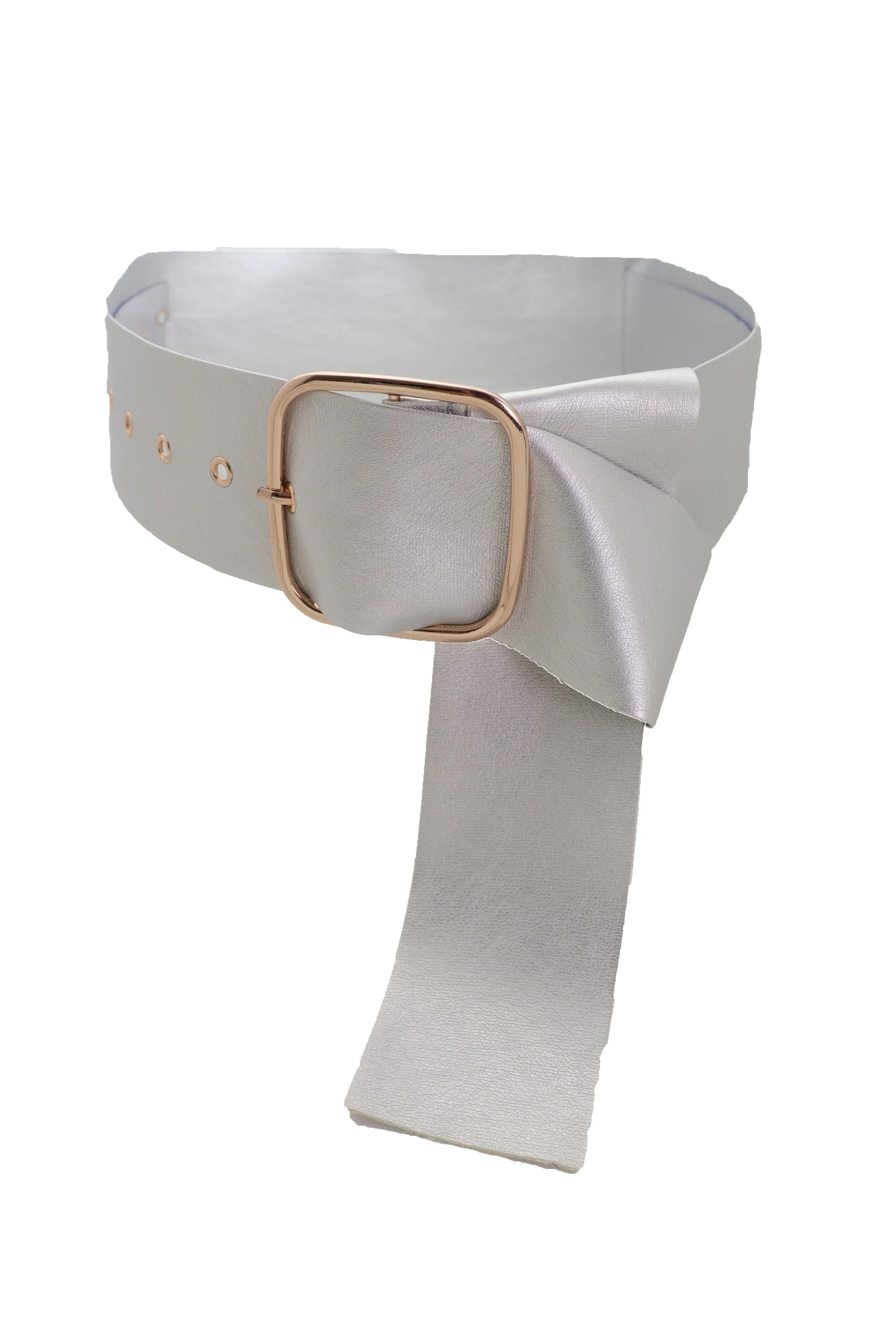 Metallic Silver Extra Long Faux Leather Wide Waistband Fashion Belt XS S