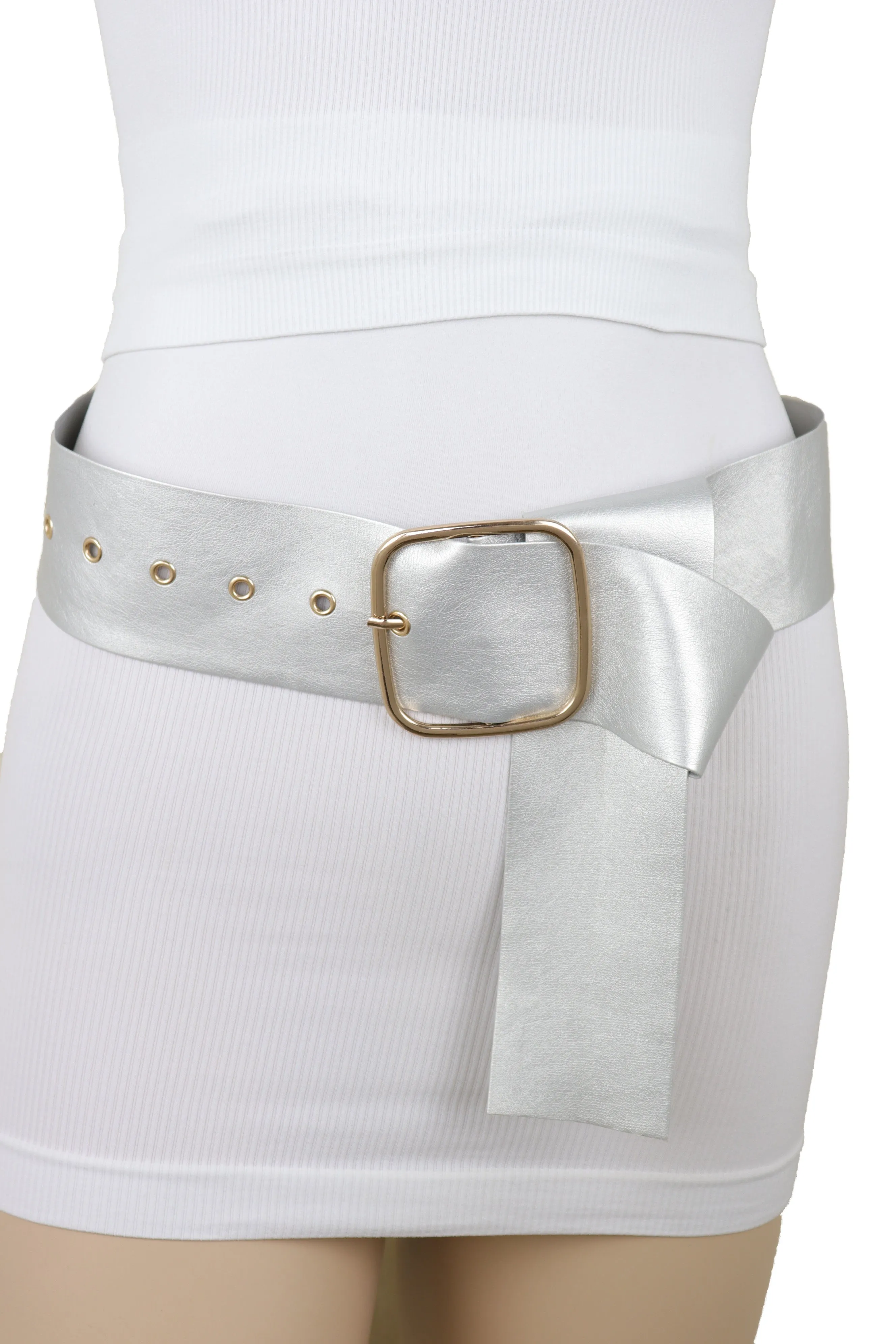 Metallic Silver Extra Long Faux Leather Wide Waistband Fashion Belt XS S