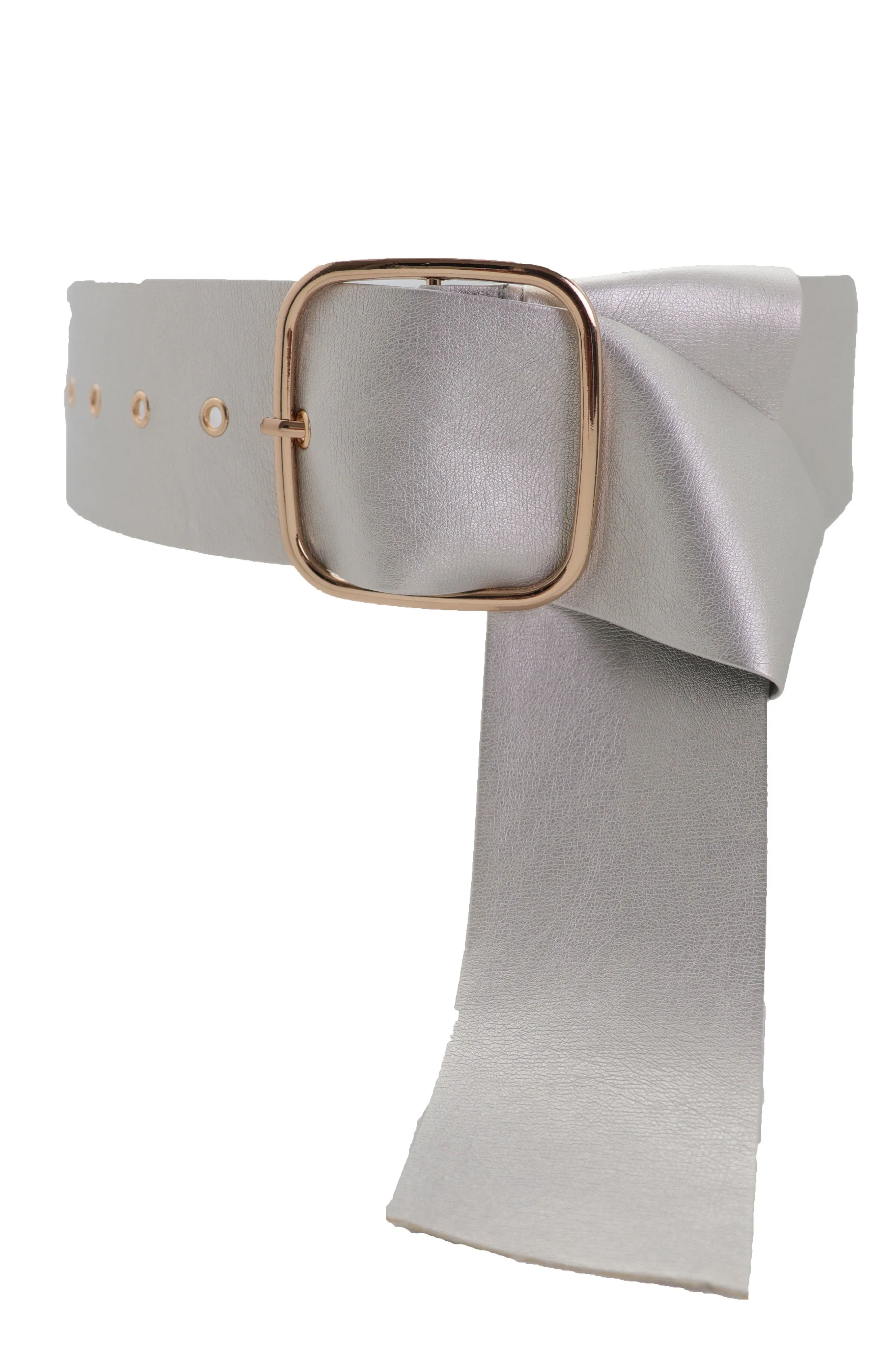 Metallic Silver Extra Long Faux Leather Wide Waistband Fashion Belt XS S