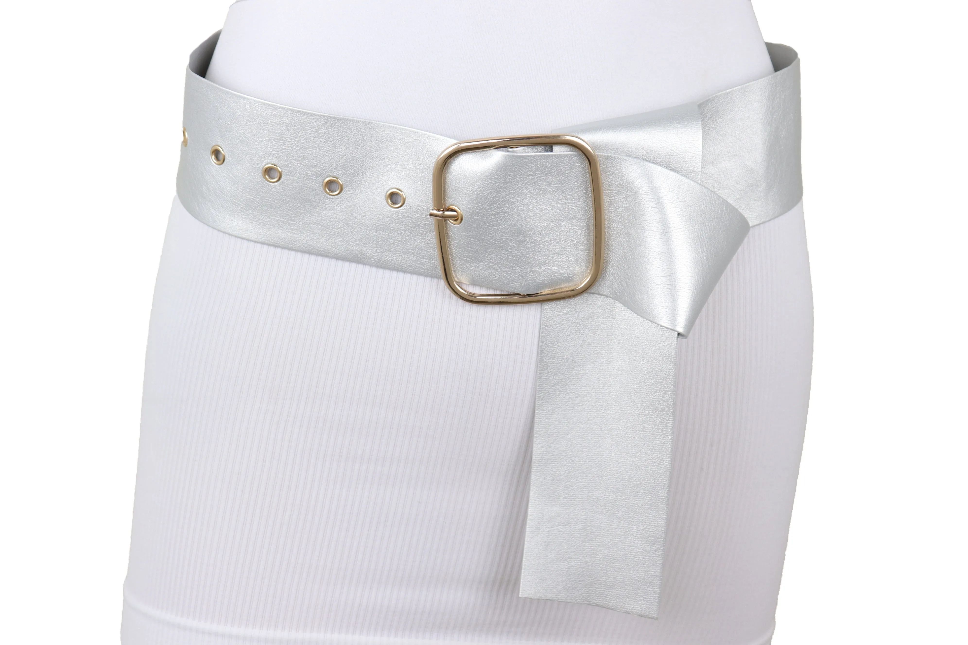 Metallic Silver Extra Long Faux Leather Wide Waistband Fashion Belt XS S