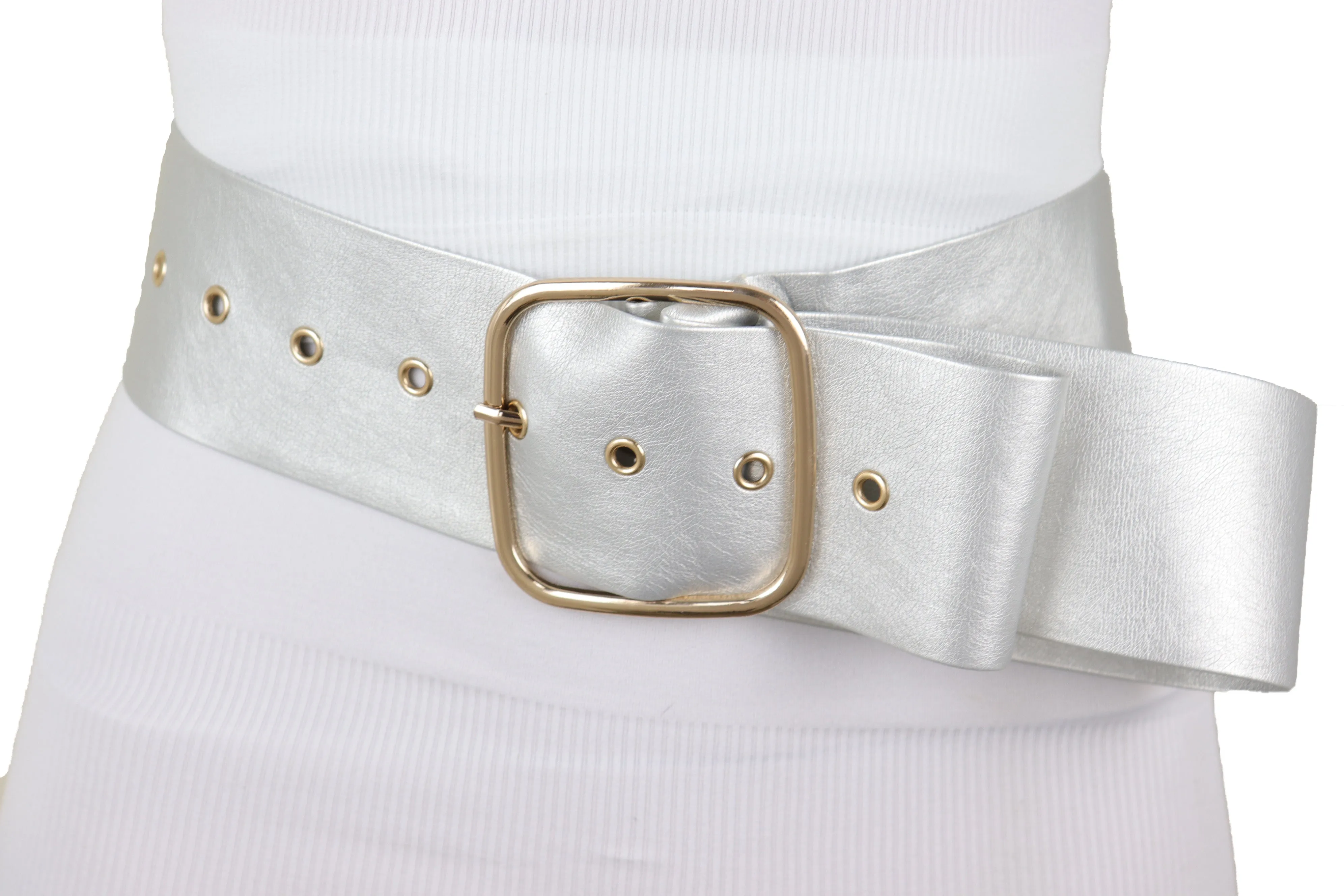 Metallic Silver Extra Long Faux Leather Wide Waistband Fashion Belt XS S