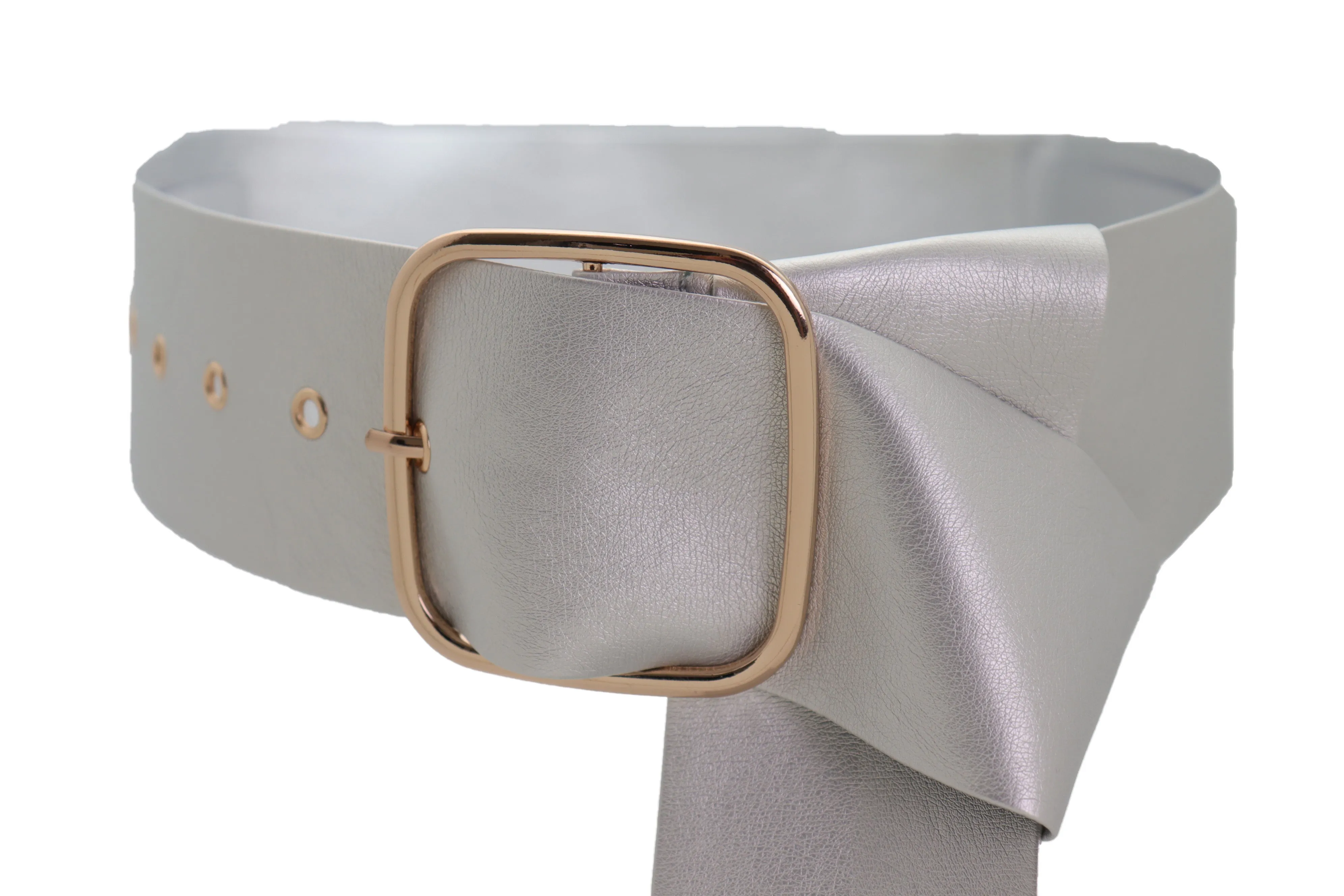 Metallic Silver Extra Long Faux Leather Wide Waistband Fashion Belt XS S