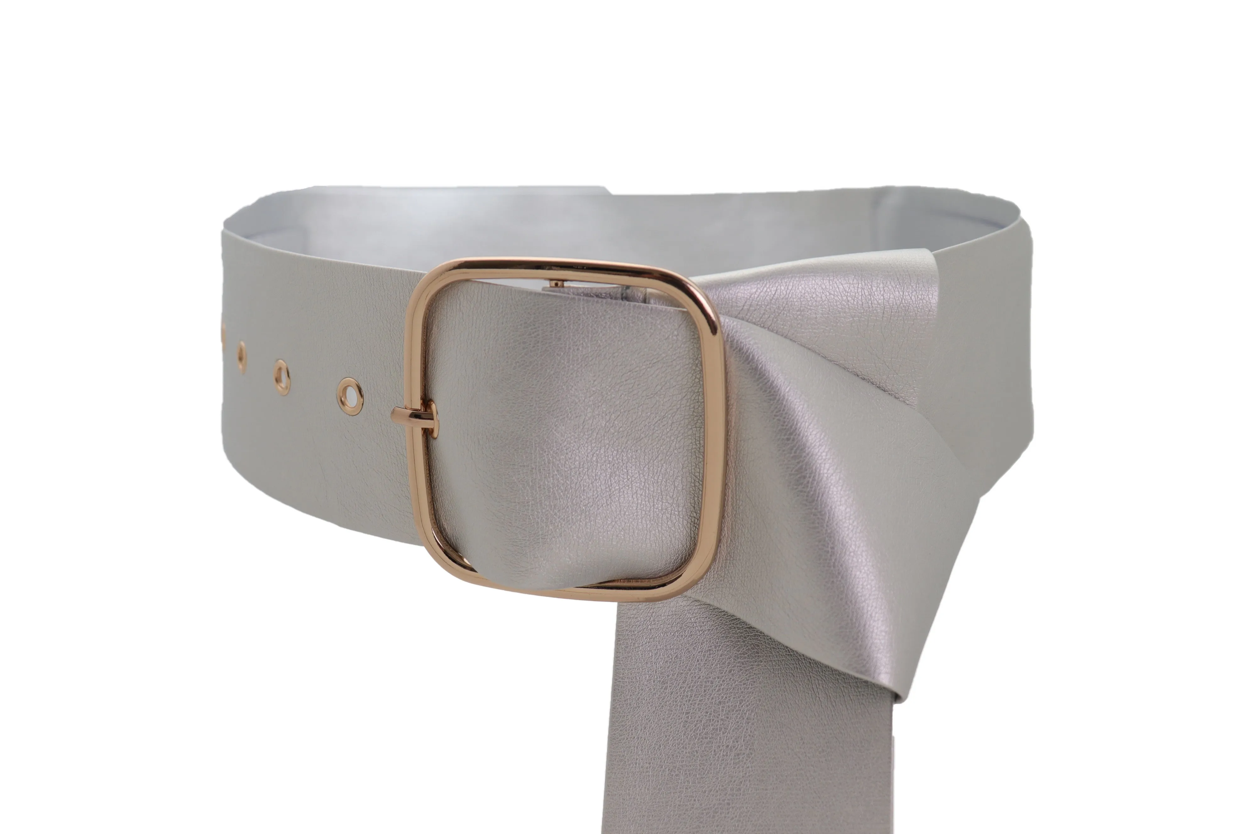 Metallic Silver Extra Long Faux Leather Wide Waistband Fashion Belt XS S