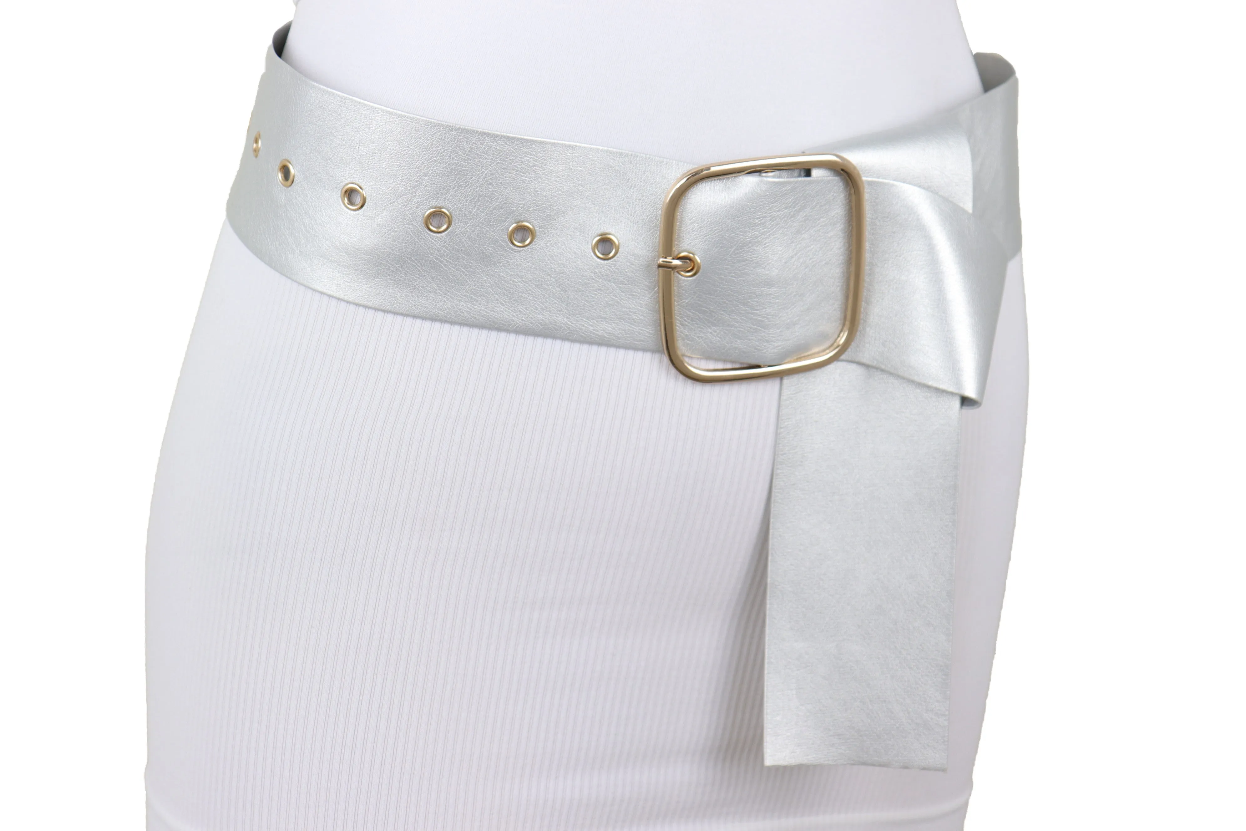 Metallic Silver Extra Long Faux Leather Wide Waistband Fashion Belt XS S