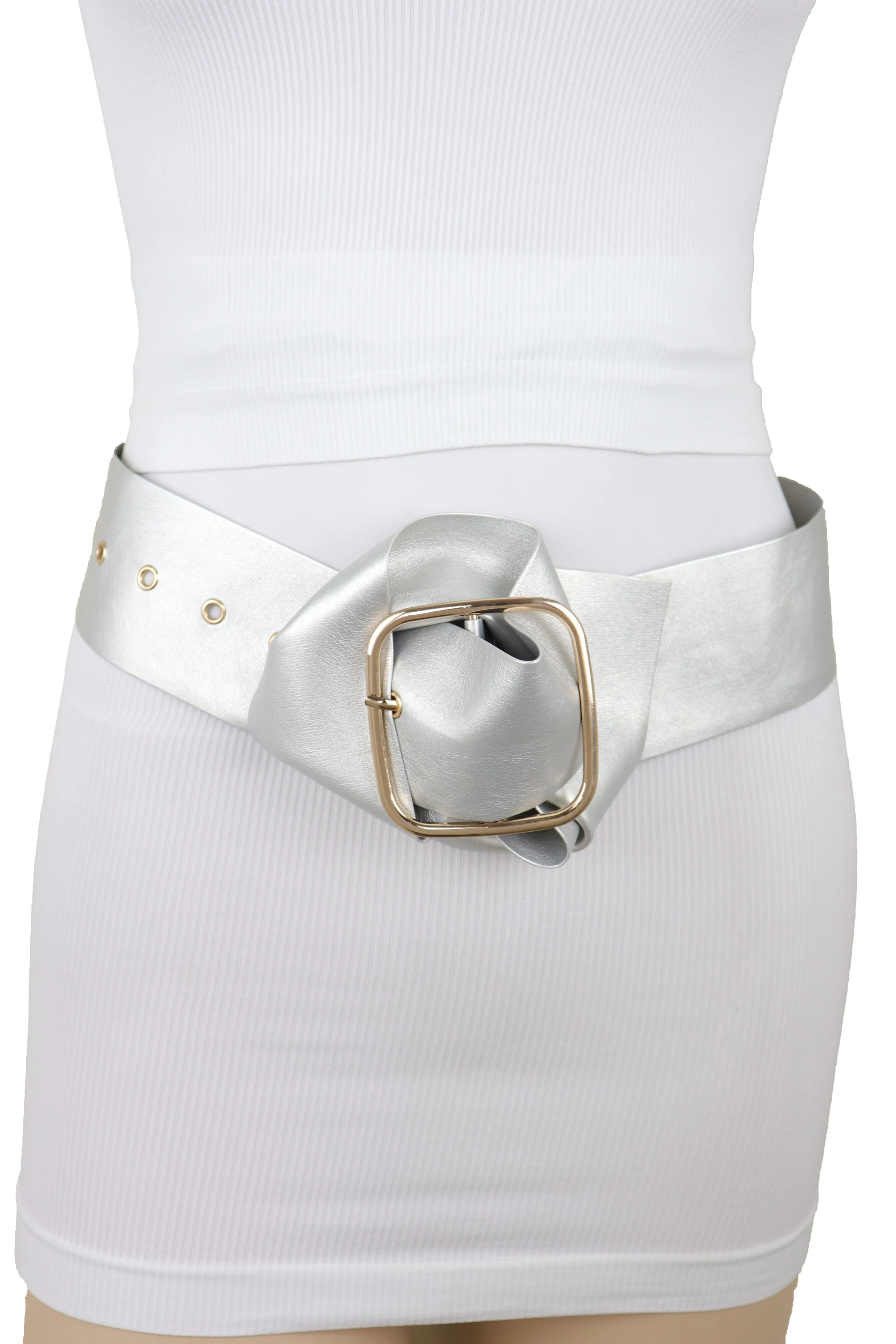 Metallic Silver Extra Long Faux Leather Wide Waistband Fashion Belt XS S