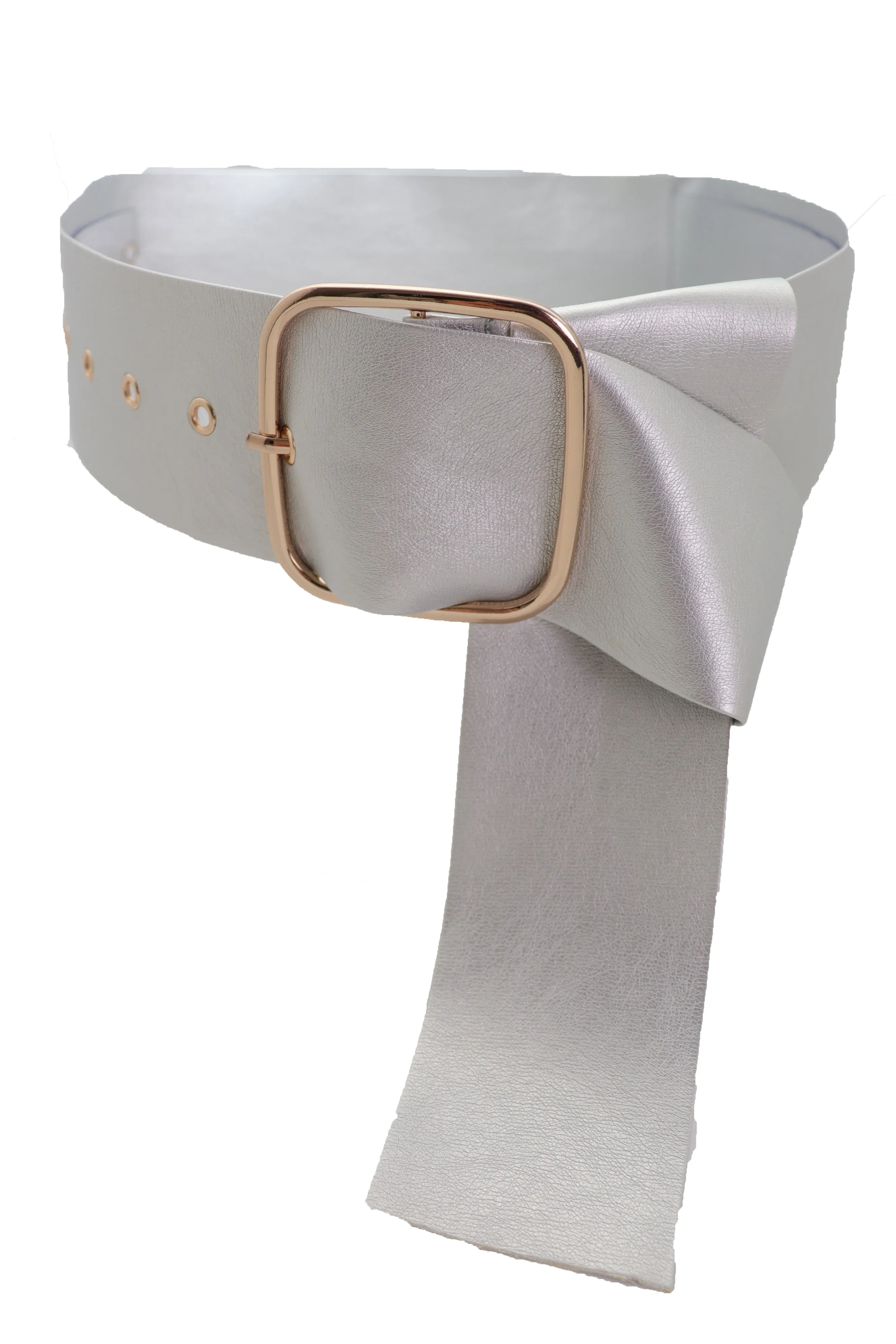 Metallic Silver Extra Long Faux Leather Wide Waistband Fashion Belt XS S