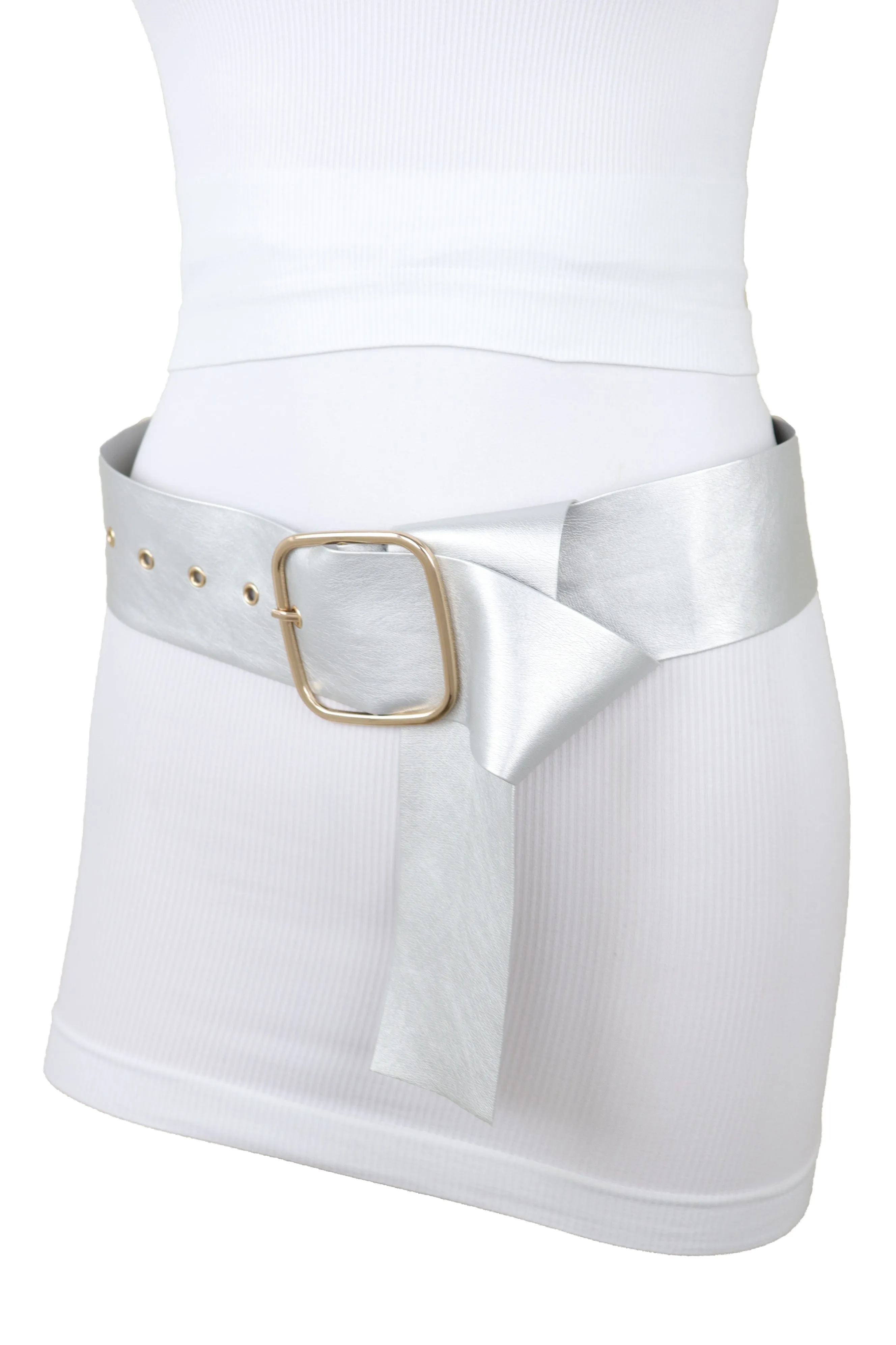 Metallic Silver Extra Long Faux Leather Wide Waistband Fashion Belt XS S